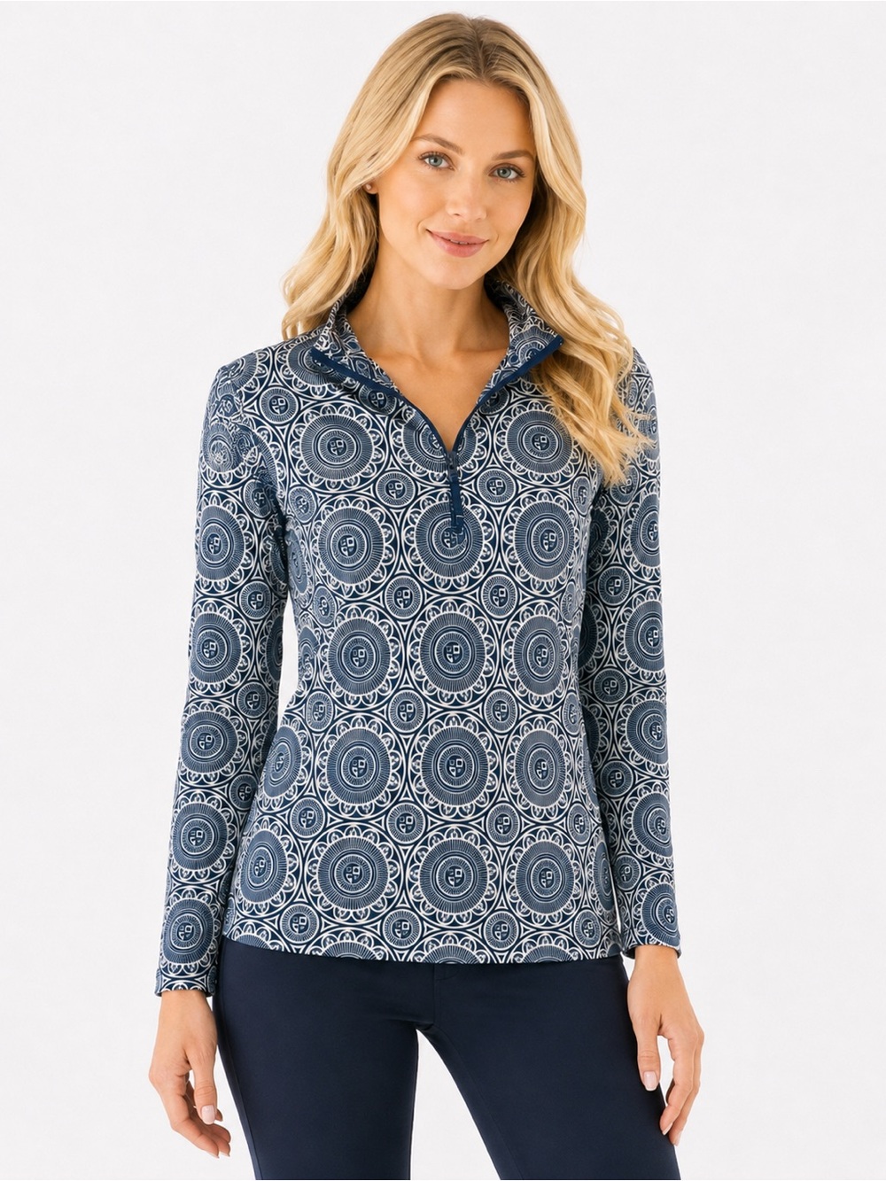 Gretchen Scott Jock Girl Top Navy White Print Quarter Zip Pullover 25928